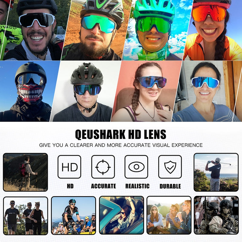 Óculos marca Queshark, mulheres ou homens, lente polarizada ciclismo óculos de sol esportes mtb óculos de bicicleta equitação óculos de bicicleta de estrada óculos de 3 conjunto de lente qe48