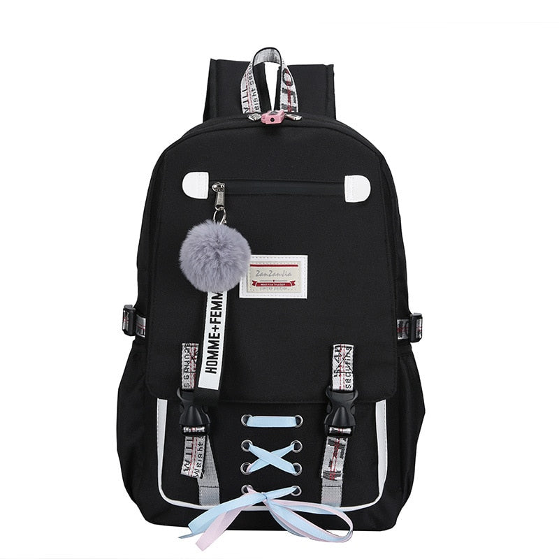 Bolsas escolares de lona usb para meninas adolescentes mochilas femininas mochilas pretas 2022 grande capacidade média alta faculdade adolescente mochila