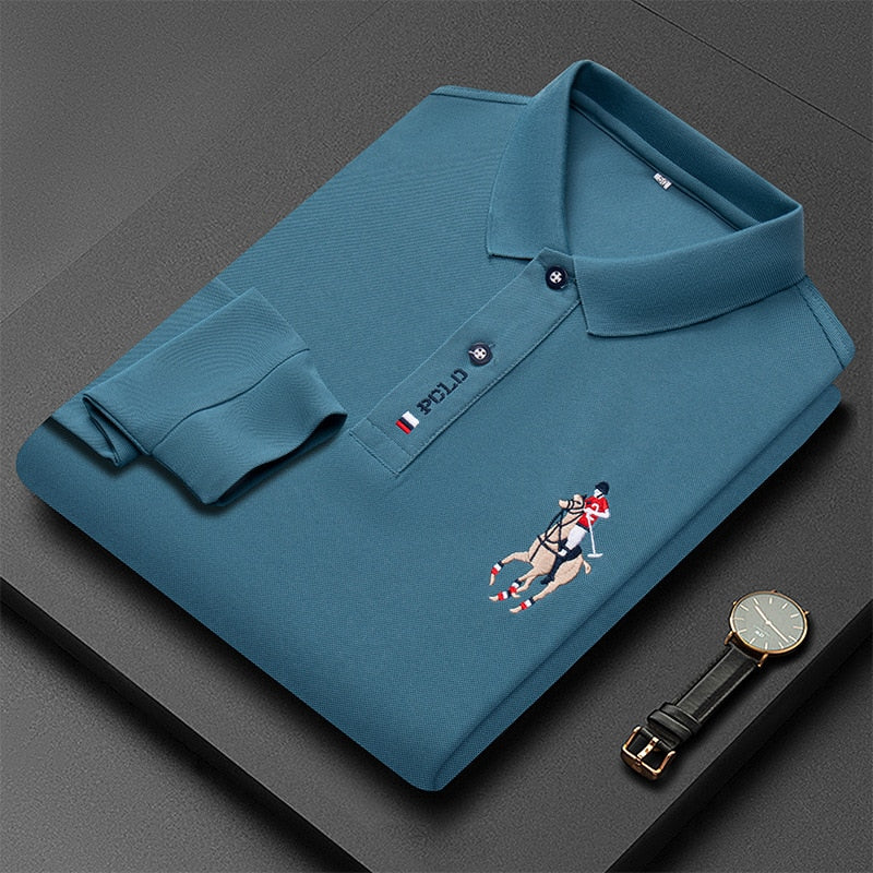 Produtos Nova Moda Bordada Camisa POLO Masculina de Manga Comprida Cor Sólida Lapel Negócios Casual Camisa POLO Masculina de Manga Comprida