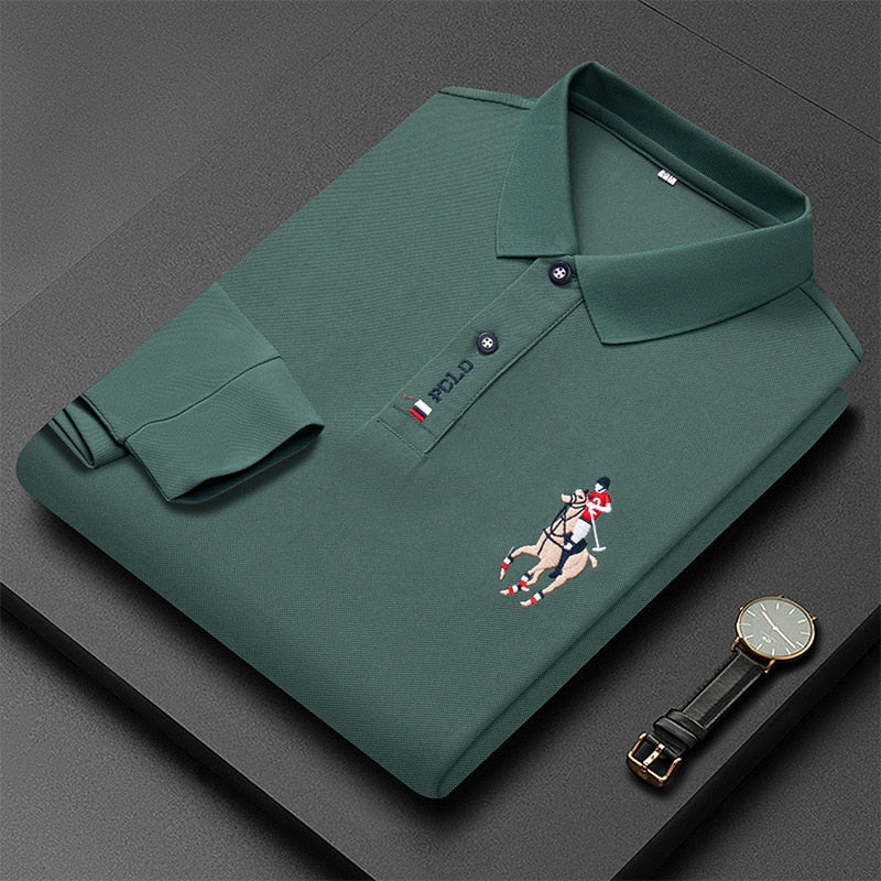 Produtos Nova Moda Bordada Camisa POLO Masculina de Manga Comprida Cor Sólida Lapel Negócios Casual Camisa POLO Masculina de Manga Comprida