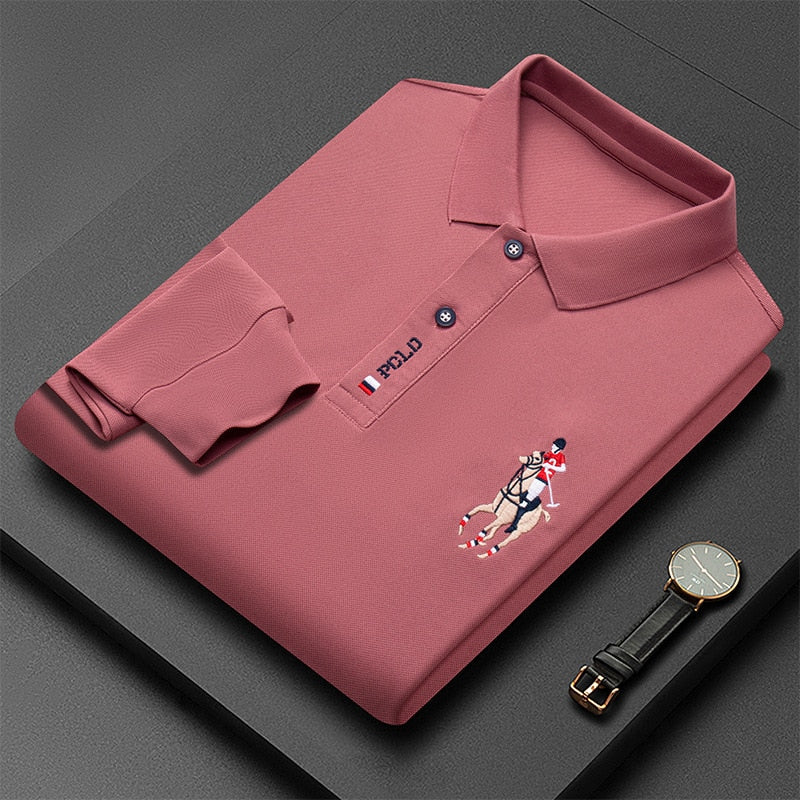 Produtos Nova Moda Bordada Camisa POLO Masculina de Manga Comprida Cor Sólida Lapel Negócios Casual Camisa POLO Masculina de Manga Comprida