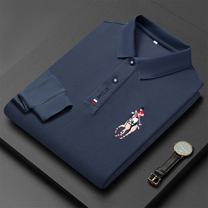 Produtos Nova Moda Bordada Camisa POLO Masculina de Manga Comprida Cor Sólida Lapel Negócios Casual Camisa POLO Masculina de Manga Comprida