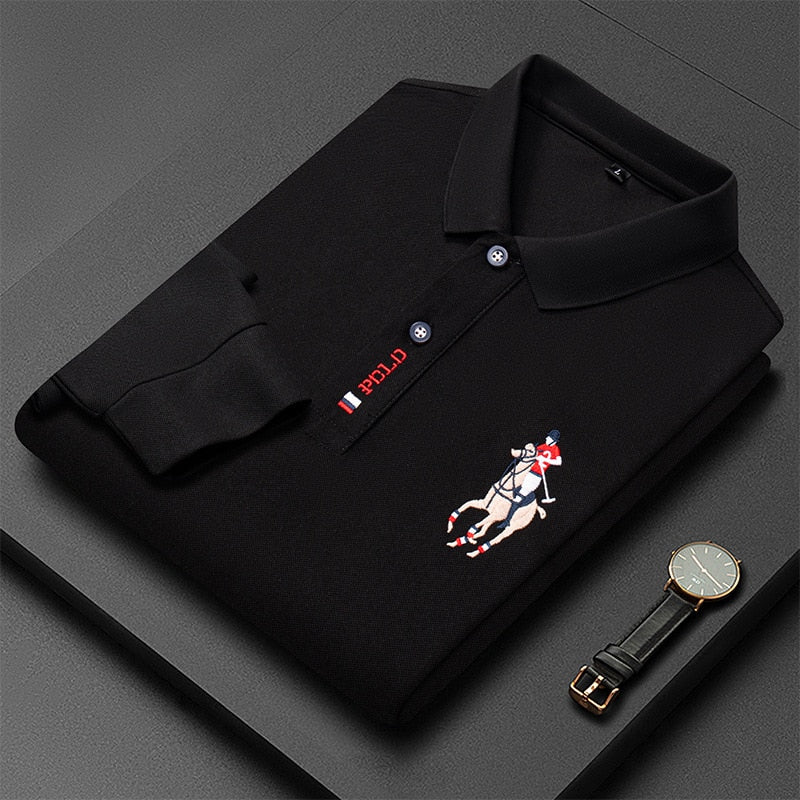 Produtos Nova Moda Bordada Camisa POLO Masculina de Manga Comprida Cor Sólida Lapel Negócios Casual Camisa POLO Masculina de Manga Comprida