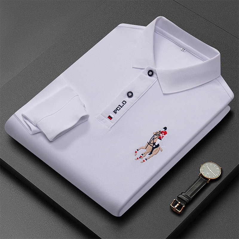 Produtos Nova Moda Bordada Camisa POLO Masculina de Manga Comprida Cor Sólida Lapel Negócios Casual Camisa POLO Masculina de Manga Comprida