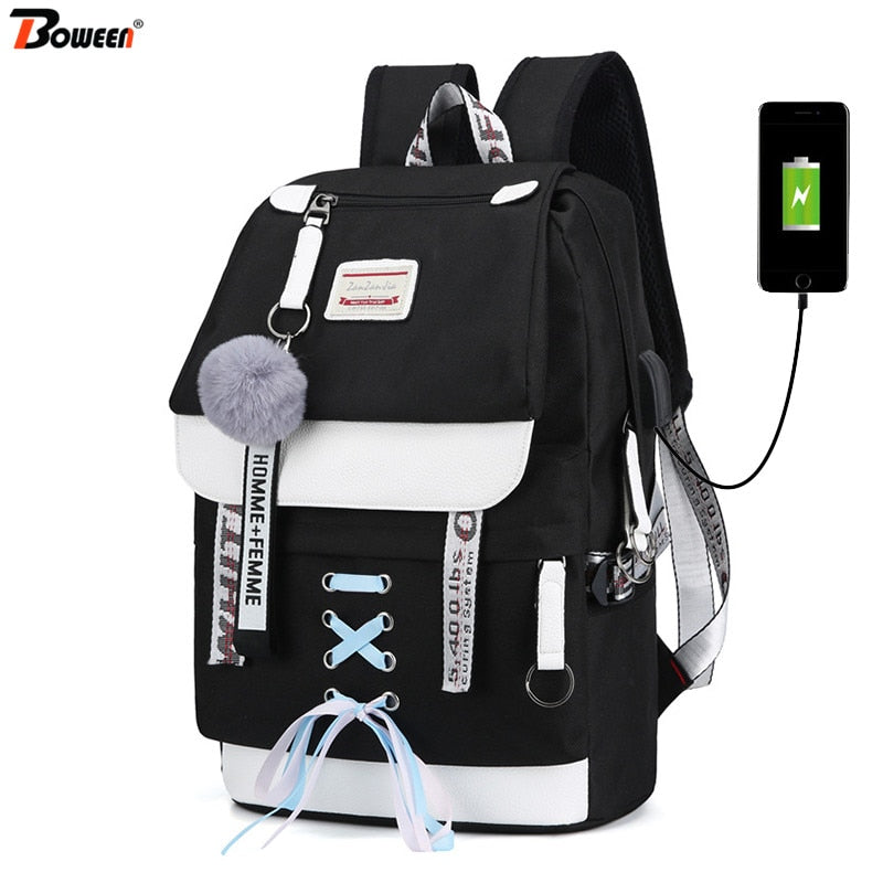 Bolsas escolares de lona usb para meninas adolescentes mochilas femininas mochilas pretas 2022 grande capacidade média alta faculdade adolescente mochila